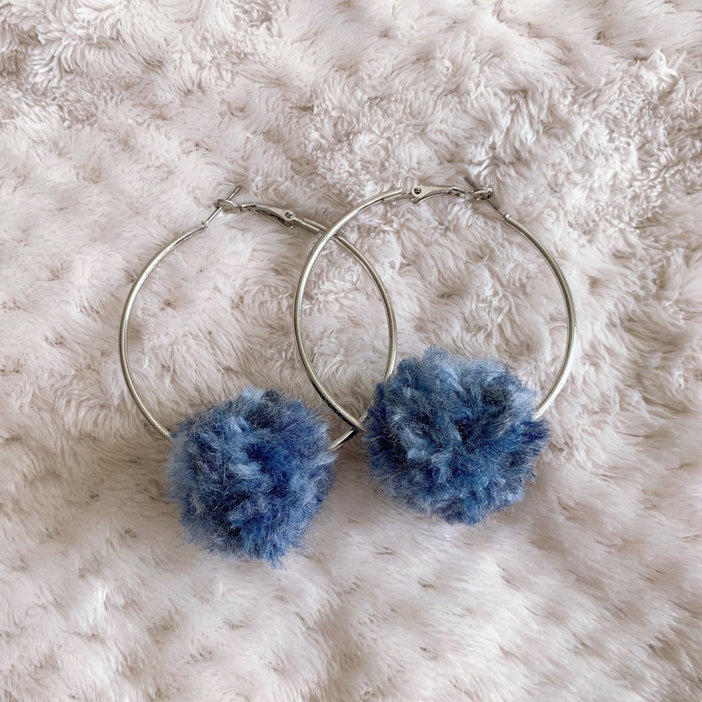 Blue Pom Pom Hoop Statement Earrings